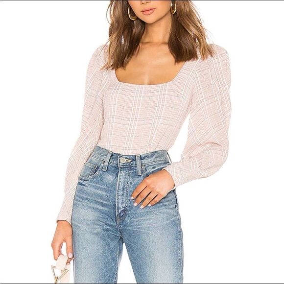 Atoir Down To You Pink Plaid Puff Sleeve Square Neck Textured Blouse Sz S - Picture 1 of 11